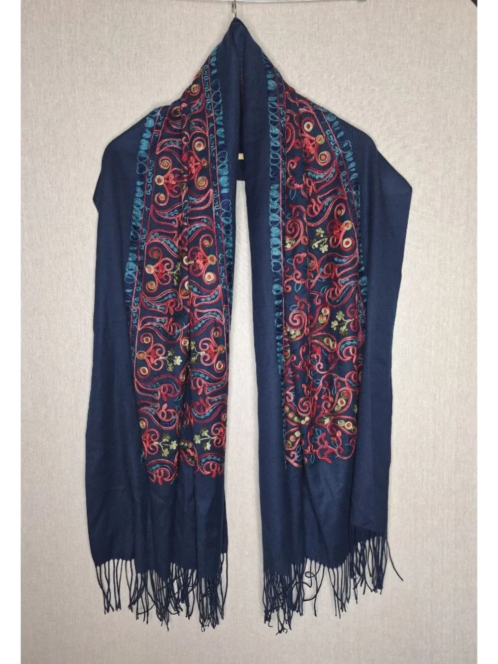 💙 Cashmere Label Oversized Navy Embroidered Paisley Pashmina Scarf Shawl Fringe
